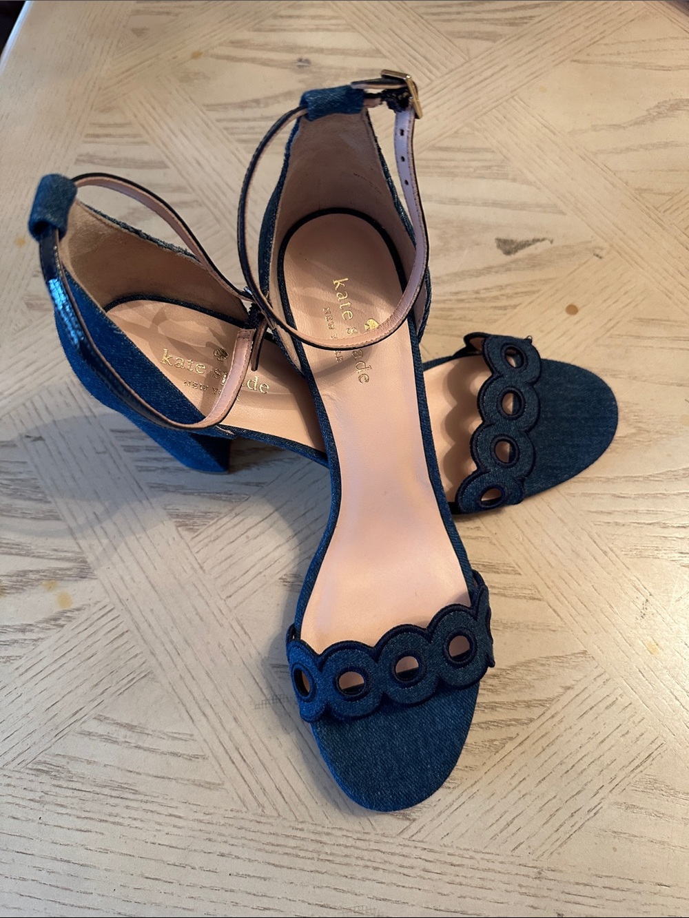 kate spade denim scalloped ankle-strap block heels
